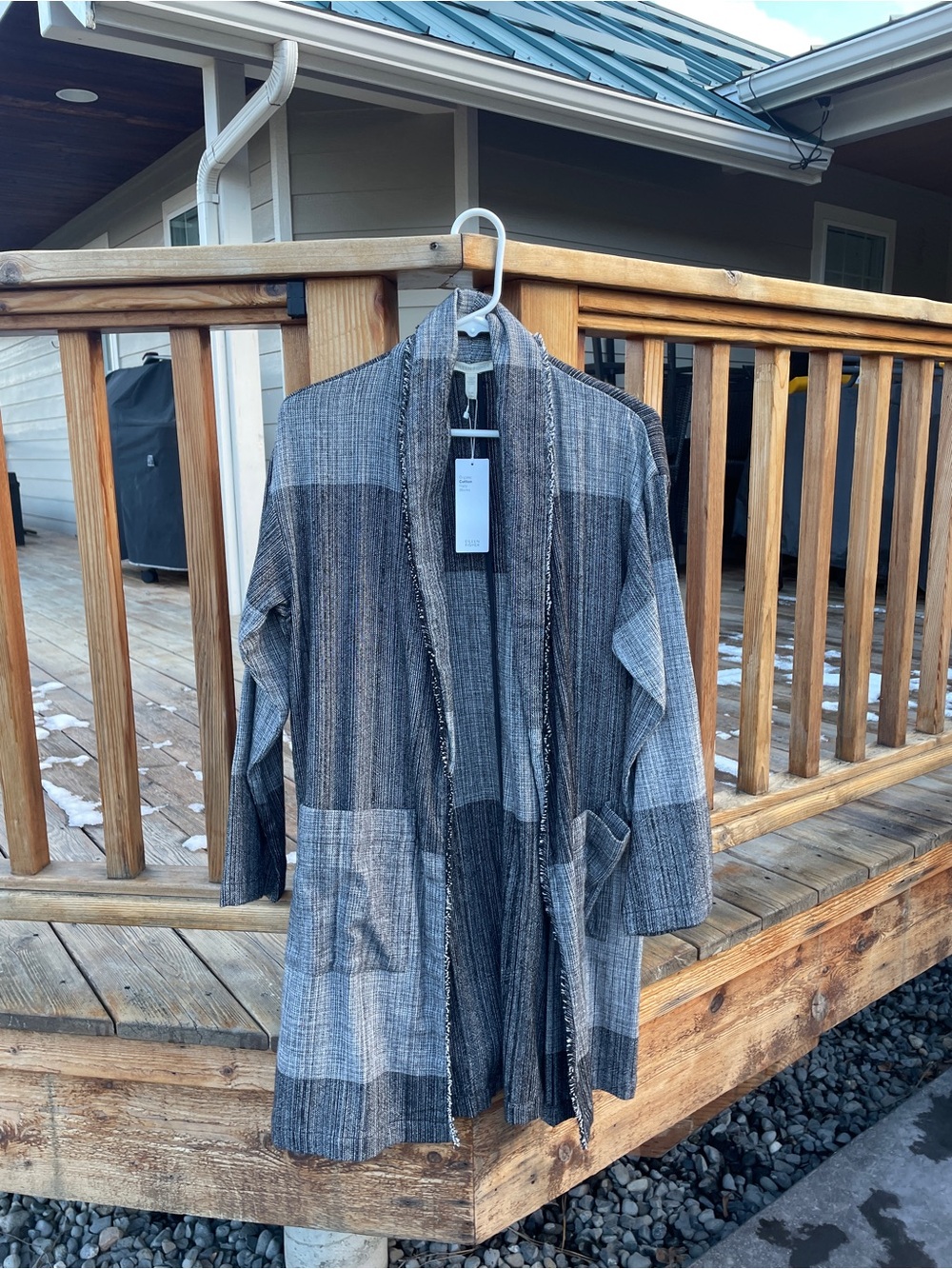 Eileen Fisher Gray Plaid Open-Front Coatigan
